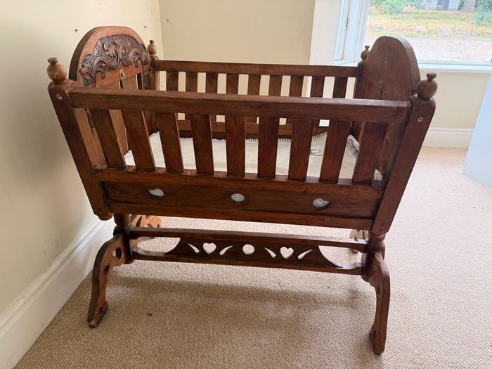 Beautiful Vintage Hand-Carved Wooden Rocking Cradle