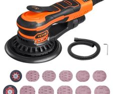Random Orbital Sander 5 & 6-Inch, 350W Brushless Orbital Sander, 10,000 PRM 6 Variable Speed Electric Palm Sander with 20PCS Sandpapers, Dust Connector & Hose for Woodworking Detailing Sanding