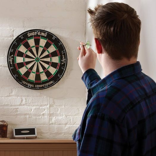 (ONLY 1 IN STOCK) Bristle Steel Tip Dartboard Set with Staple-Free Bullseye, Galvanized Metal Radial Spider Wire Includes 6 Darts, Black, 17.75 inch