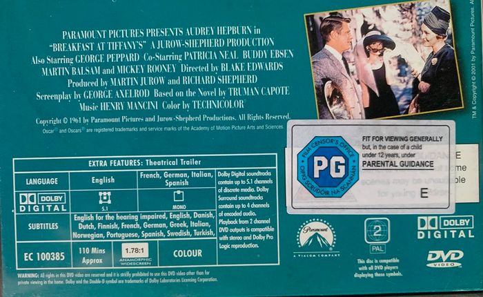 Breakfast At Tiffany's [1961] Audrey Hepburn & George Peppard [Movie DVD] Academy Award Winner