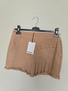 BNWT Bershka Asymmetric Pleated Denim Mini Skirt Tan  Brown