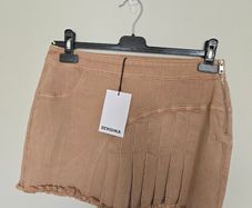 BNWT Bershka Asymmetric Pleated Denim Mini Skirt Tan  Brown