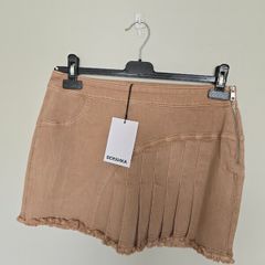 BNWT Bershka Asymmetric Pleated Denim Mini Skirt Tan  Brown