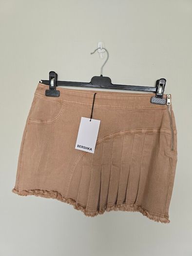BNWT Bershka Asymmetric Pleated Denim Mini Skirt Tan  Brown