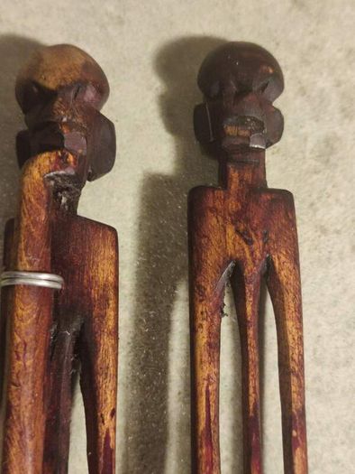 3 Vintage Hand Carved African Pencil Thin Tall Hand Painted Figures 12.5"