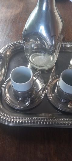 Antique stainless steel and glass French coffee set with tray