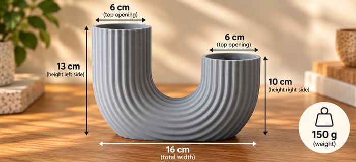 3D Printed U-Shaped Vase, Ash Grey, Modern and Minimalist Ribbed Home Decor