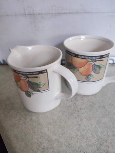 Mikasa Intaglio Garden Harvest Cappuccino Mug AND MILK JUG , Intaglio, Fruit & Leaves On Rim, Cream,