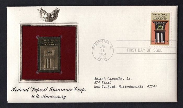 1984 USA 50th Anniversary of Federal Deposit Insurance Corp Health Research Commemorative Stamps First Day Cover (FDC) with Gold Stamp Replica with Washington DC cancel