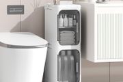 Slim Bathroom Cabinet, Freestanding Plastic Toilet Storage Unit with Door, Waterproof Small Trolley with Wheels for Office, Living Room, Kitchen, Entryway (21W/67H/34D, 2 tier)