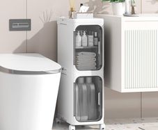 Slim Bathroom Cabinet, Freestanding Plastic Toilet Storage Unit with Door, Waterproof Small Trolley with Wheels for Office, Living Room, Kitchen, Entryway (21W/67H/34D, 2 tier)