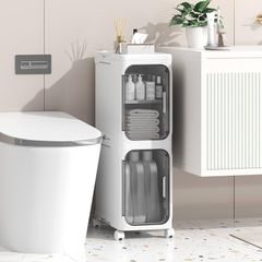 Slim Bathroom Cabinet, Freestanding Plastic Toilet Storage Unit with Door, Waterproof Small Trolley with Wheels for Office, Living Room, Kitchen, Entryway (21W/67H/34D, 2 tier)