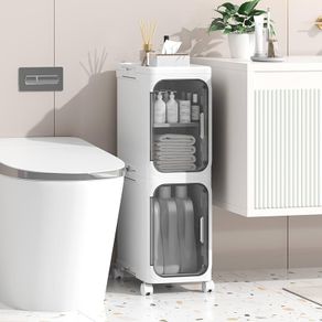 Slim Bathroom Cabinet, Freestanding Plastic Toilet Storage Unit with Door, Waterproof Small Trolley with Wheels for Office, Living Room, Kitchen, Entryway (21W/67H/34D, 2 tier)