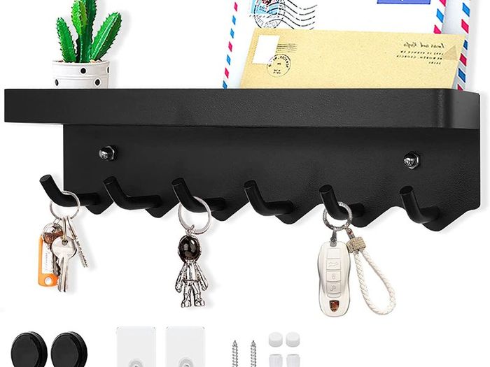 6 Hooks Modern Key Holder, Multifunctional Self Adhesive or Drilling 2 Ways Installation Wall Key Rack, Key Hooks Wall Mounted for Entrance Area, Kitchen, Office, Bathroom, Living Room(Black)