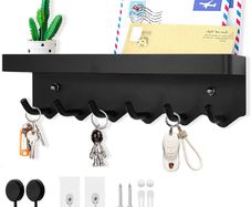 6 Hooks Modern Key Holder, Multifunctional Self Adhesive or Drilling 2 Ways Installation Wall Key Rack, Key Hooks Wall Mounted for Entrance Area, Kitchen, Office, Bathroom, Living Room(Black)