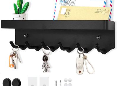 6 Hooks Modern Key Holder, Multifunctional Self Adhesive or Drilling 2 Ways Installation Wall Key Rack, Key Hooks Wall Mounted for Entrance Area, Kitchen, Office, Bathroom, Living Room(Black)