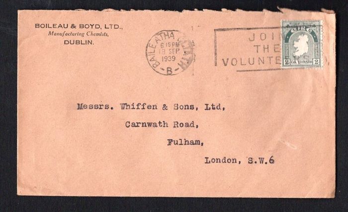 1939 Ireland Envelope addressed to London with Joint the Volunteers Slogan Cancel on 2d green map definitive stamp. Dated 17th September 1939.