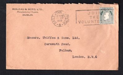 1939 Ireland Envelope addressed to London with Joint the Volunteers Slogan Cancel on 2d green map definitive stamp. Dated 17th September 1939.
