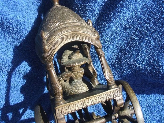 Antique INDIAN BRONZE TEMPLE TOY (Kutch style) - an exceptionally fine example with horse and rider with carriage (c.19th century)