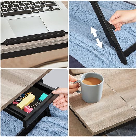 _Greige LLD105W01 Laptop Table Laptop Stand Breakfast Tray Folding Legs Bed Sofa Height Adjustable for up to 15.6 Inch Laptops 55 x 35 x 23 cm