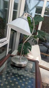 Modern Arched Desk Lamp / Bedside Table Lamp, Brushed Steel & Frosted Glass