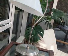 Modern Arched Desk Lamp / Bedside Table Lamp, Brushed Steel & Frosted Glass