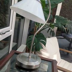 Modern Arched Desk Lamp / Bedside Table Lamp, Brushed Steel & Frosted Glass