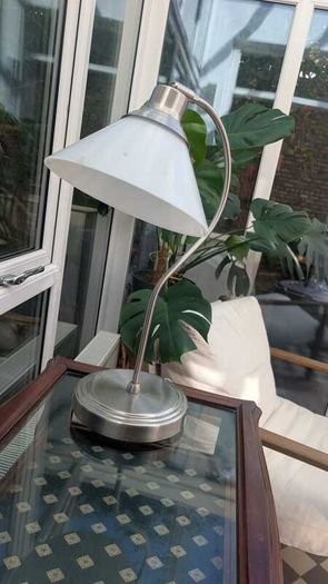 Modern Arched Desk Lamp / Bedside Table Lamp, Brushed Steel & Frosted Glass