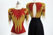 Vintage Chinese Hand Beaded Silk Bridal Top  Gold Embroidery  Size M