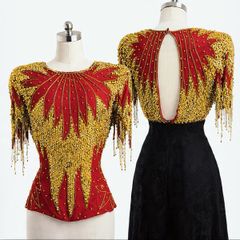 Vintage Chinese Hand Beaded Silk Bridal Top  Gold Embroidery  Size M