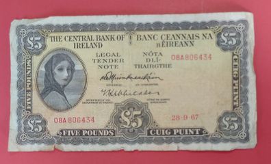 Irish 1967 Lavery Five pound banknote in Fine condition