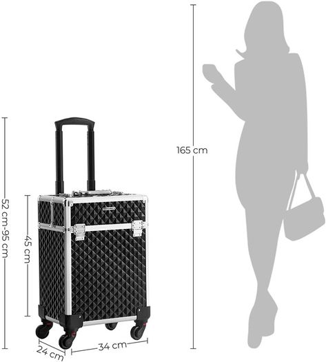 Professional Makeup Case, Cosmetic Case, Mobile, 4 Wheels, 4 Tray, Telescopic Handle, Travel, Travel, Black