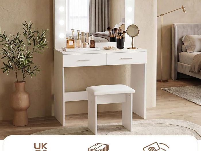LED Dressing Table Set Vanity Makeup Table 2 Large Drawers (Black White)