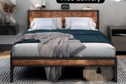 King Size Bed Frame with Storage Wooden Headboard, Metal Bed