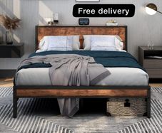 King Size Bed Frame with Storage Wooden Headboard, Metal Bed