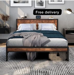King Size Bed Frame with Storage Wooden Headboard, Metal Bed