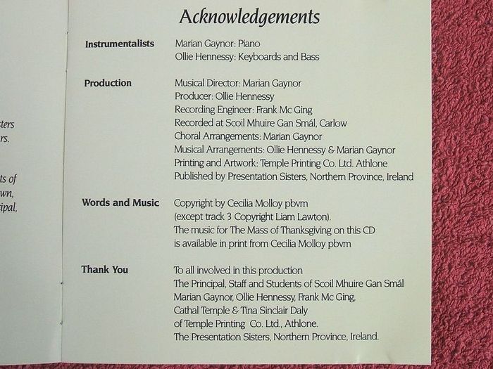 Music CD by SCOIL MHUIRE GAN SMAL (Carlow Town) - Presentation Celebration and Mass of Thanksgiving choir songs sung by the students (2011)