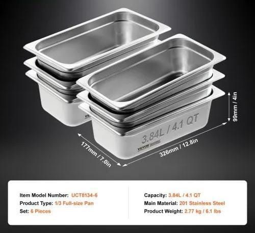 6 Pack Hotel Pans, 1/3 Size Anti-Jam Steam Pan, 0.8mm Thick Stainless Steel Restaurant Steam Table Pan, 4-Inch Deep Commercial Table Pan, Catering Storage Food Pan, for Industrial & Scientific