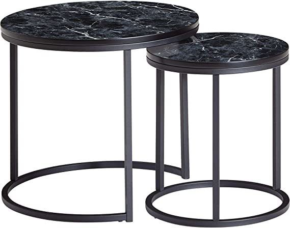 Side Table, Set of 2 Marble Look Round Coffee Table, 2-Piece Table Frame Metal, Small Living