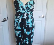 Teatro Aqua Blue Abstract Print Satin Wiggle Cocktail Party Dress UK 12