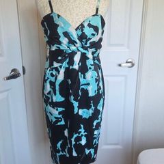 Teatro Aqua Blue Abstract Print Satin Wiggle Cocktail Party Dress UK 12