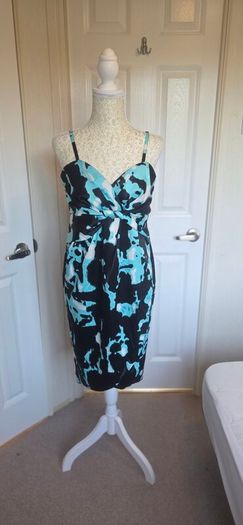 Teatro Aqua Blue Abstract Print Satin Wiggle Cocktail Party Dress UK 12