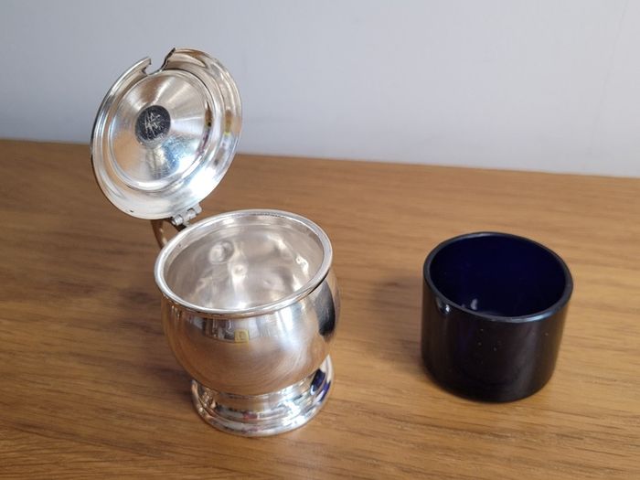 Vintage  English Silver plate mustard pot with cobalt glass liner