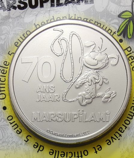 Belgium 5 Euro Base Metals Brilliant Uncirculated Coin 2022 - 70 years Marsupilami (Relief) - Belgian Coincard Catalogue