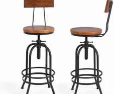 Set of 2 Industrial Bar Stools with Backrest Swivel Wooden Seat Bar Stool Height Adjustable