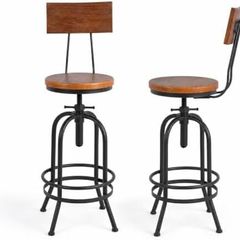 Set of 2 Industrial Bar Stools with Backrest Swivel Wooden Seat Bar Stool Height Adjustable