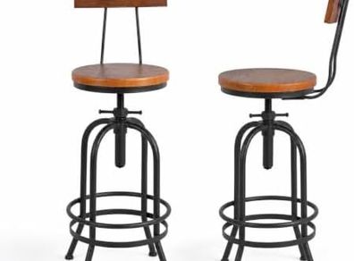 Set of 2 Industrial Bar Stools with Backrest Swivel Wooden Seat Bar Stool Height Adjustable