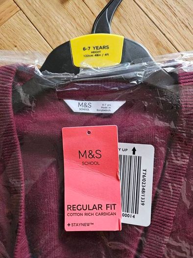 M&S Girls Cotton Rich Burgundy School Cardigan 6-7 Years