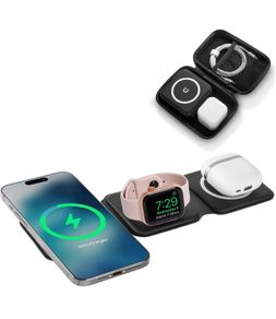 3-in-1 Foldable Magnetic Wireless Charger Station with 25W Adapter & Case, Fast Charger for iPhone 16/15/14/13/12, for Watch 10/9/Ultra2/Ultra/8/7/6/SE/5/4, for AirPods 4/3/2/Pro (Black)