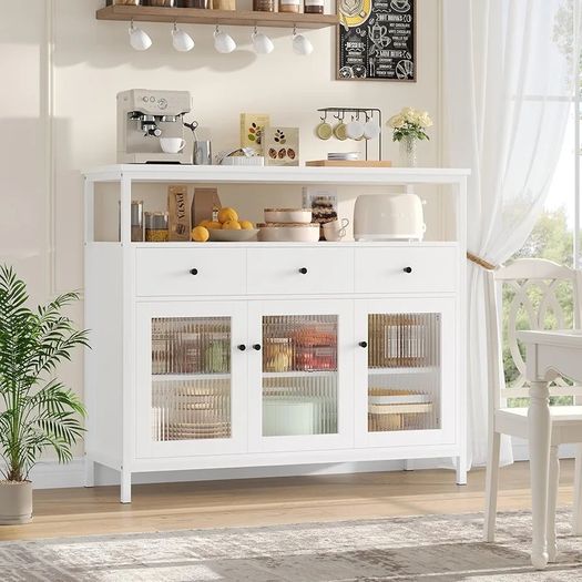 White Sideboard Storage Cabinet Kitchen Sideboard Buffet Cabinet with 3 Glass Doors 3 Drawers and Adjustable Shelves for Living Room Dining Room, Metal Frame 108x38x98.5cm
